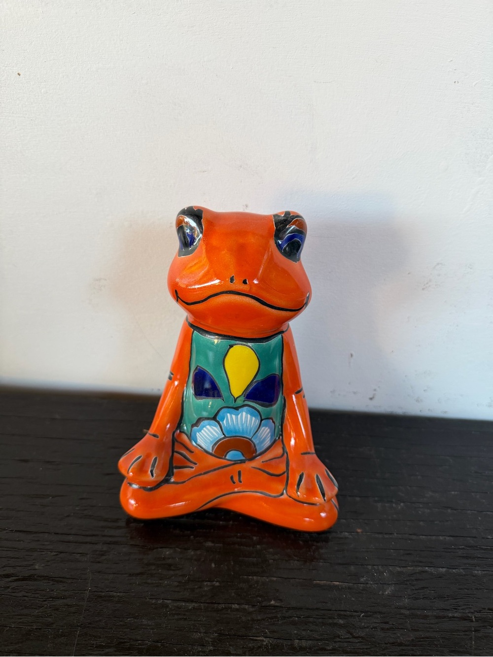 Hand-Painted Orange Talavera Yoga Frog Sculpture Decor - Colorful Home Art